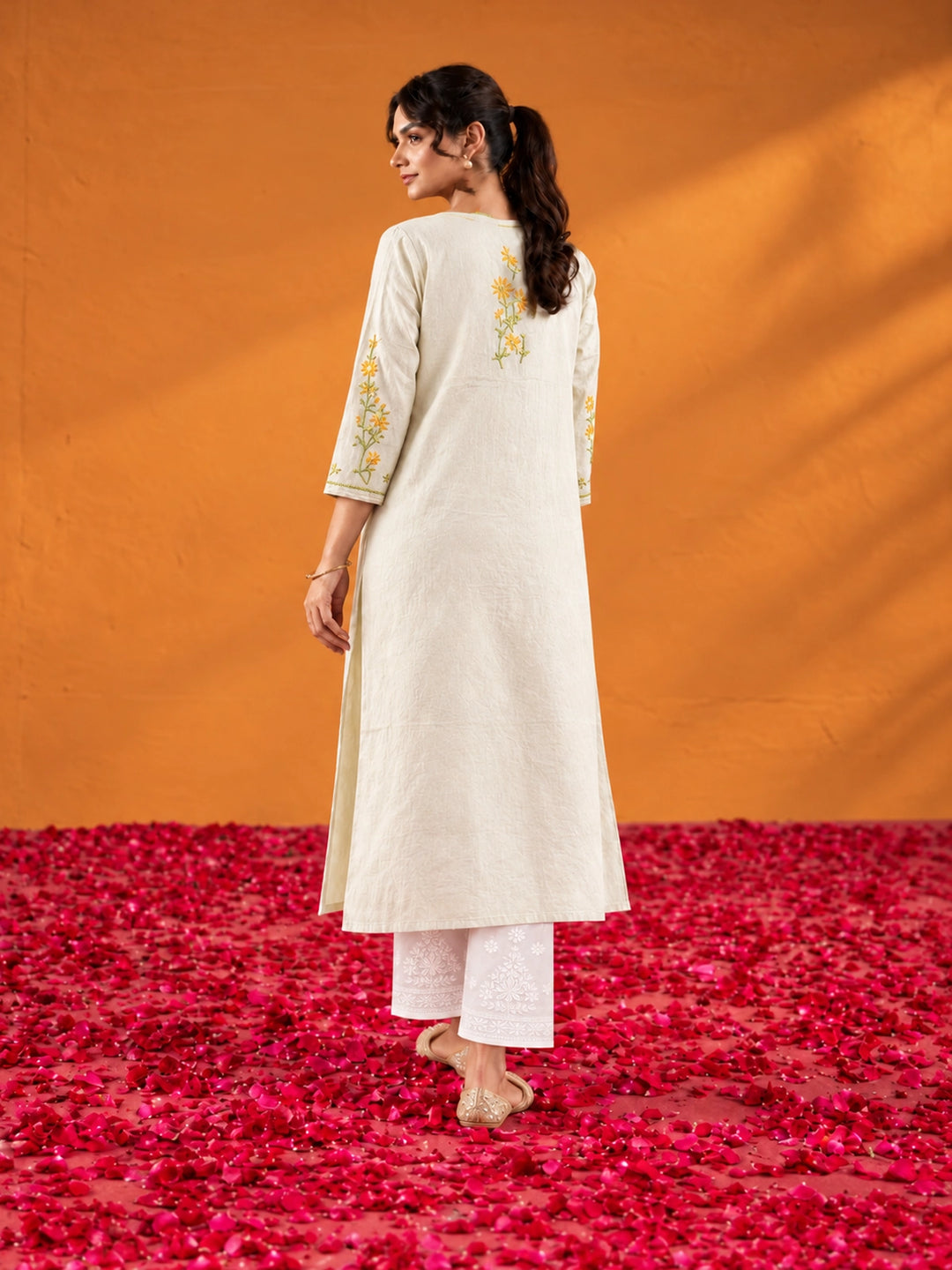 Phool Cream Rayon Kurta