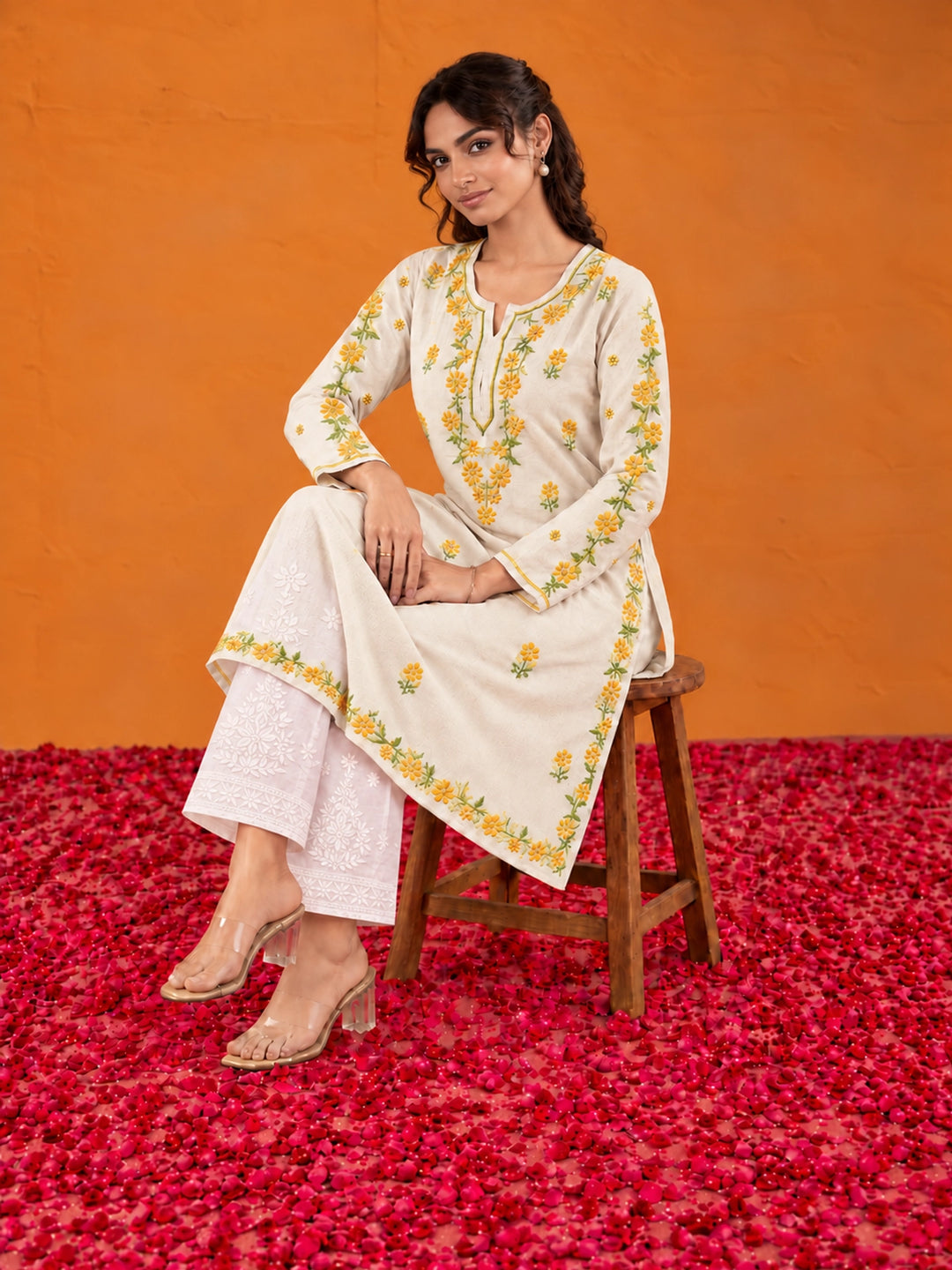 Phool Cream Rayon Kurta