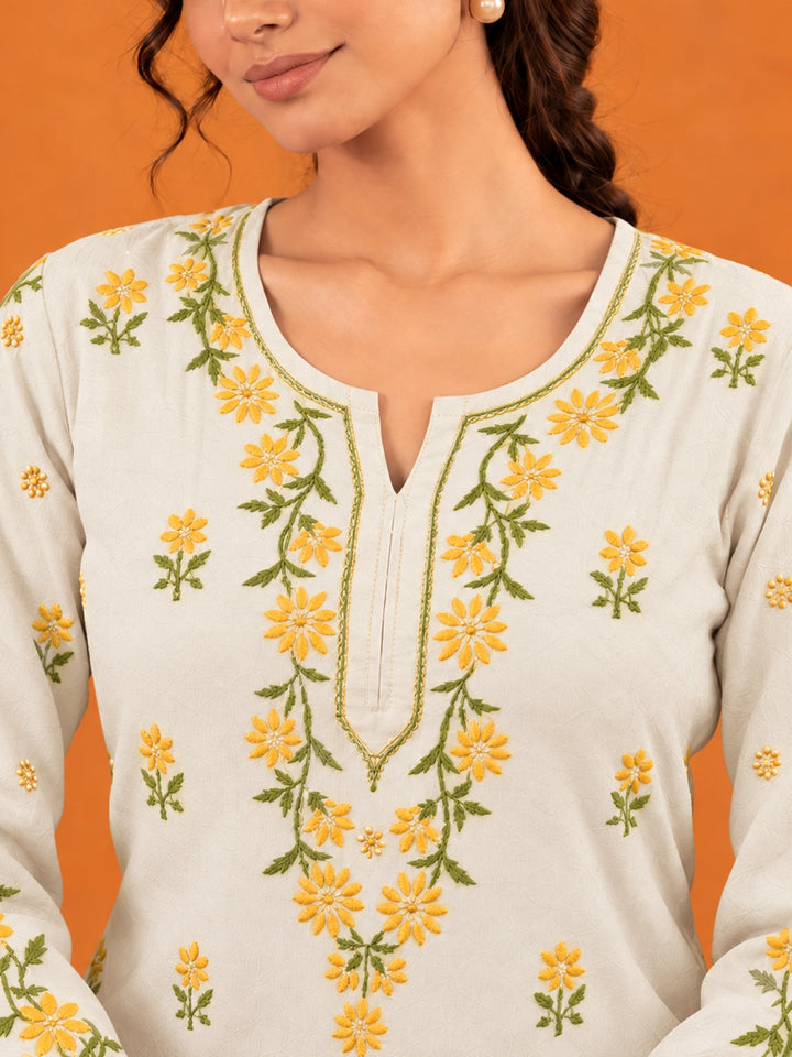 Phool Cream Rayon Kurta