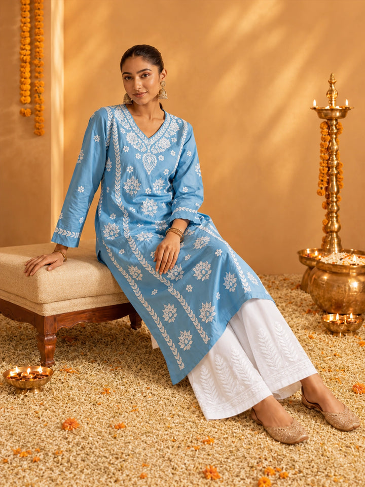 Mehr Sky Blue Chanderi Kurta