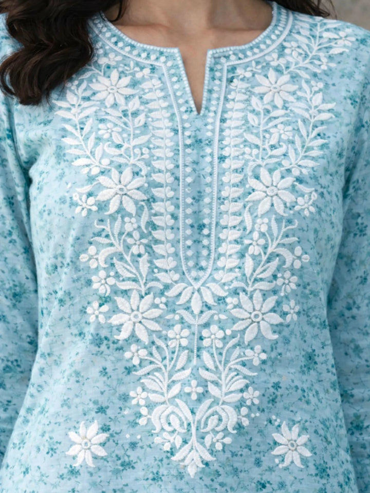 Bloom Aqua Blue Mul Kurta