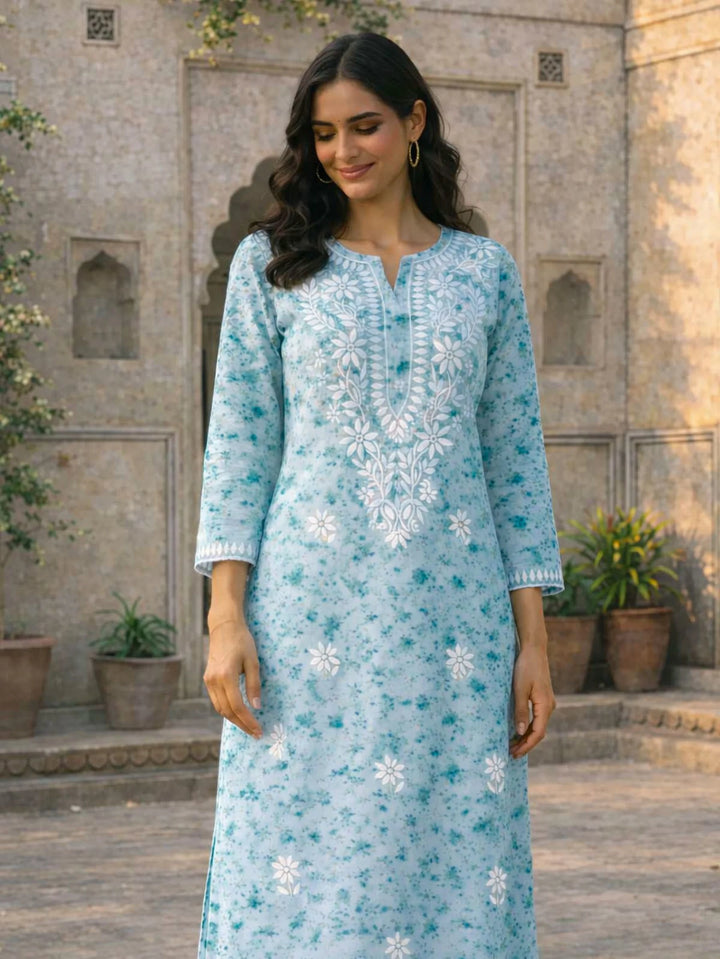 Bloom Aqua Blue Mul Kurta