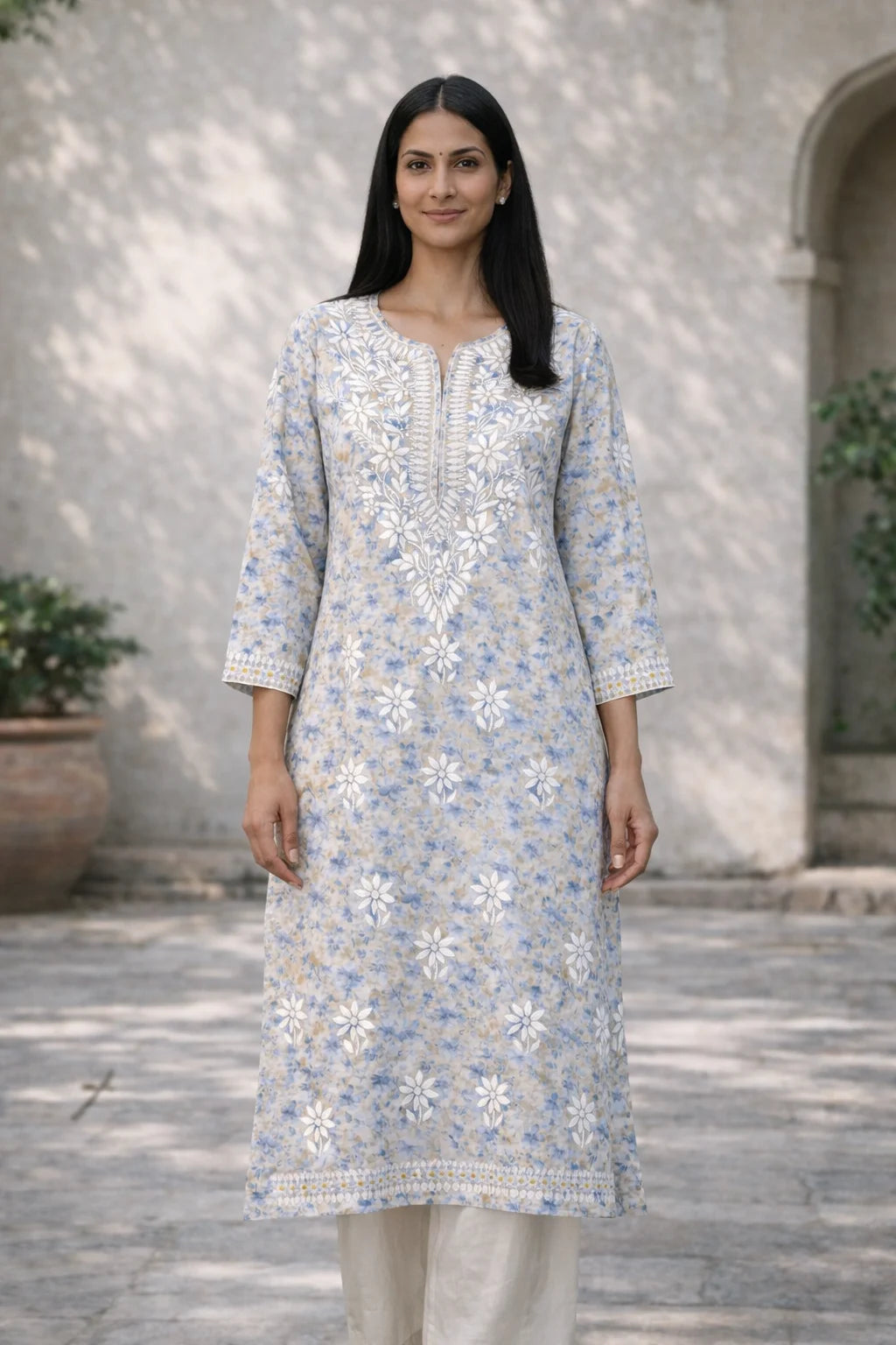 Bloom Grey Mul Kurta