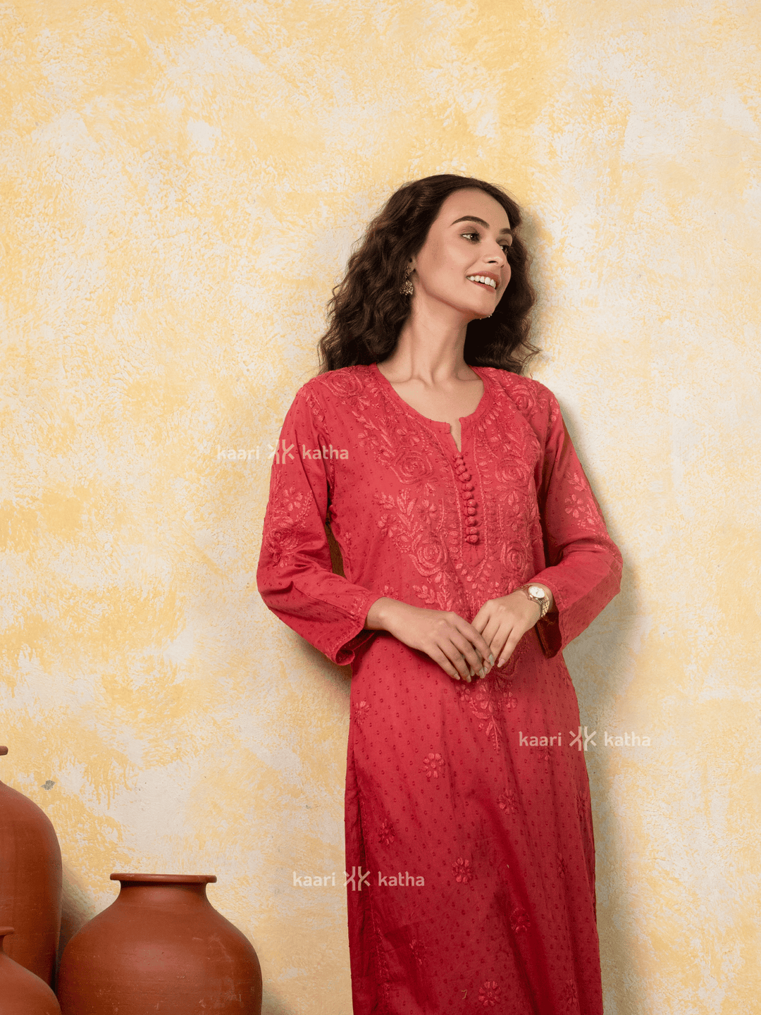 Monochrome Red Dobby Cotton Kurta