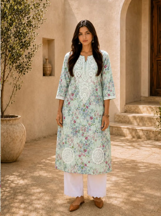 Khushboo Mint Green Mul Kurta