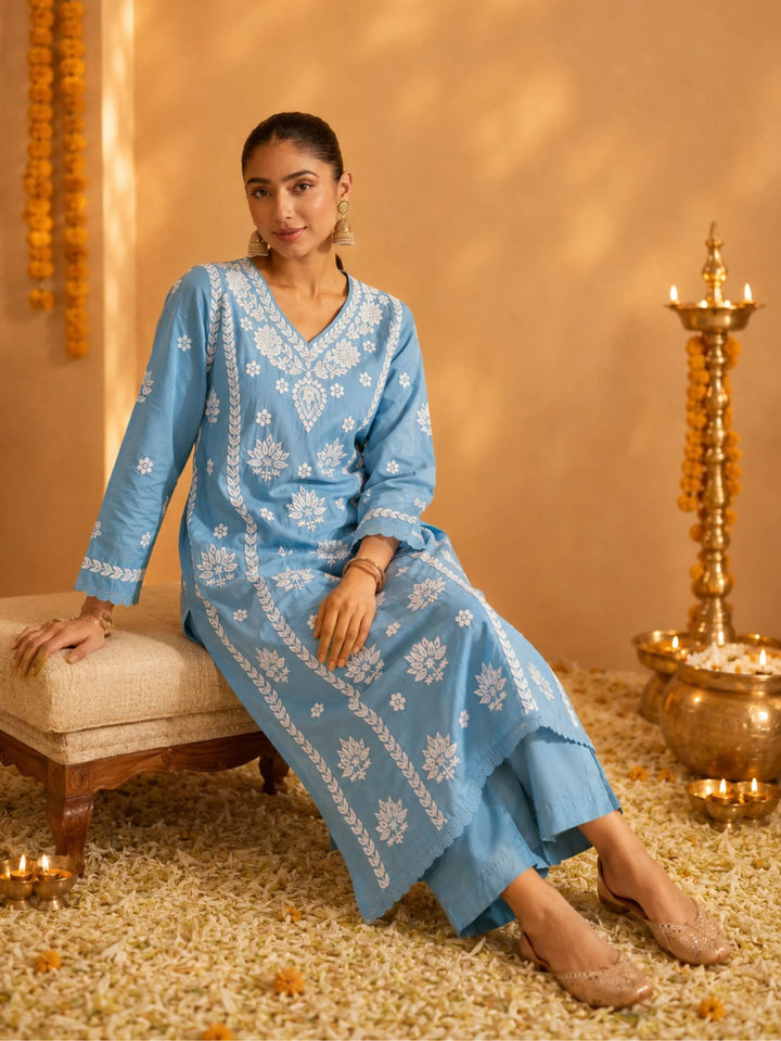 Mehr Sky Blue Chanderi Kurta