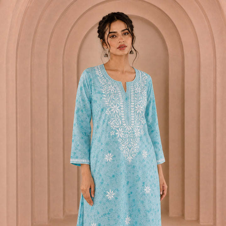 Bloom Aqua Blue Mul Kurta
