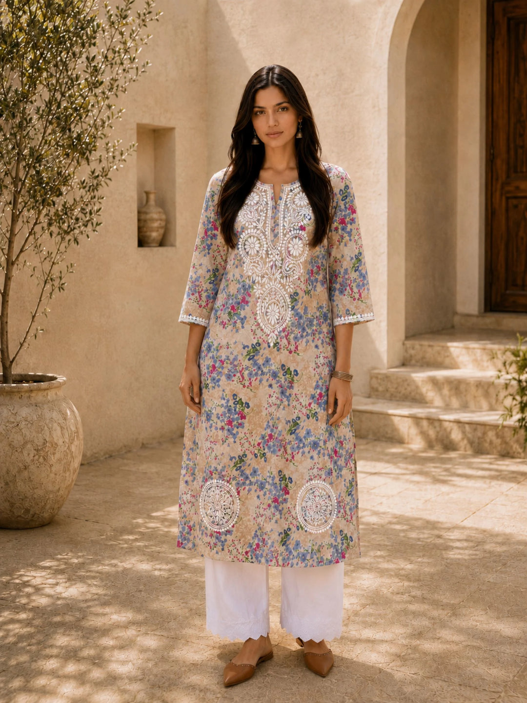 Khushboo Beige Mul Kurta