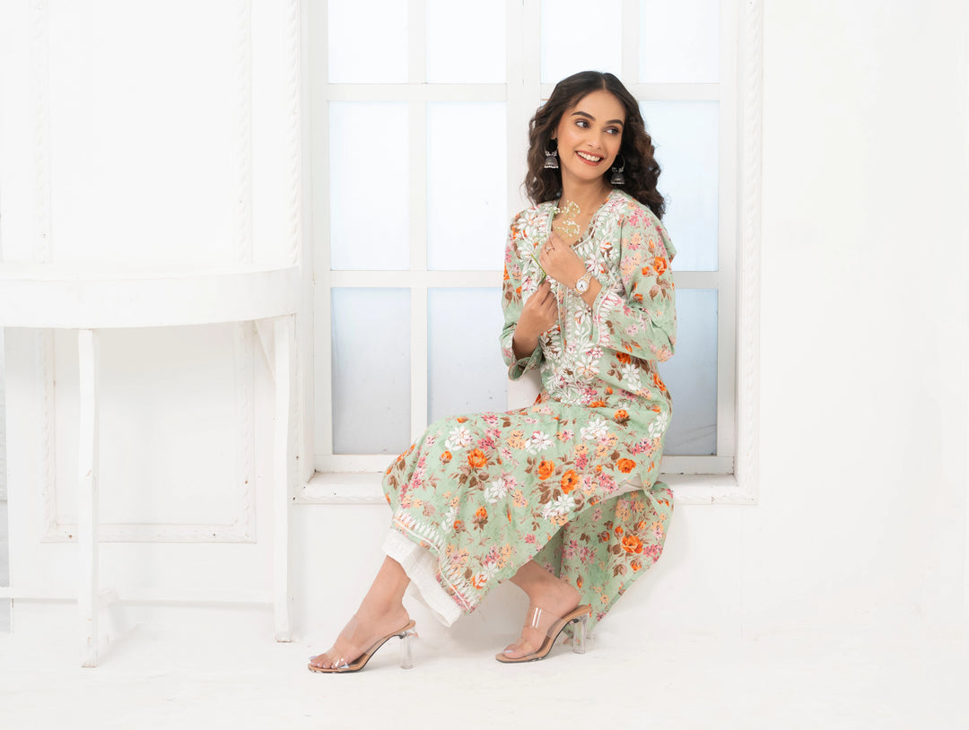 Mehek Matcha Green Mul Kurta