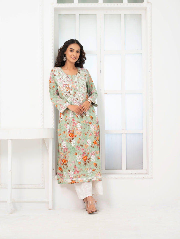 Mehek Matcha Green Mul Kurta