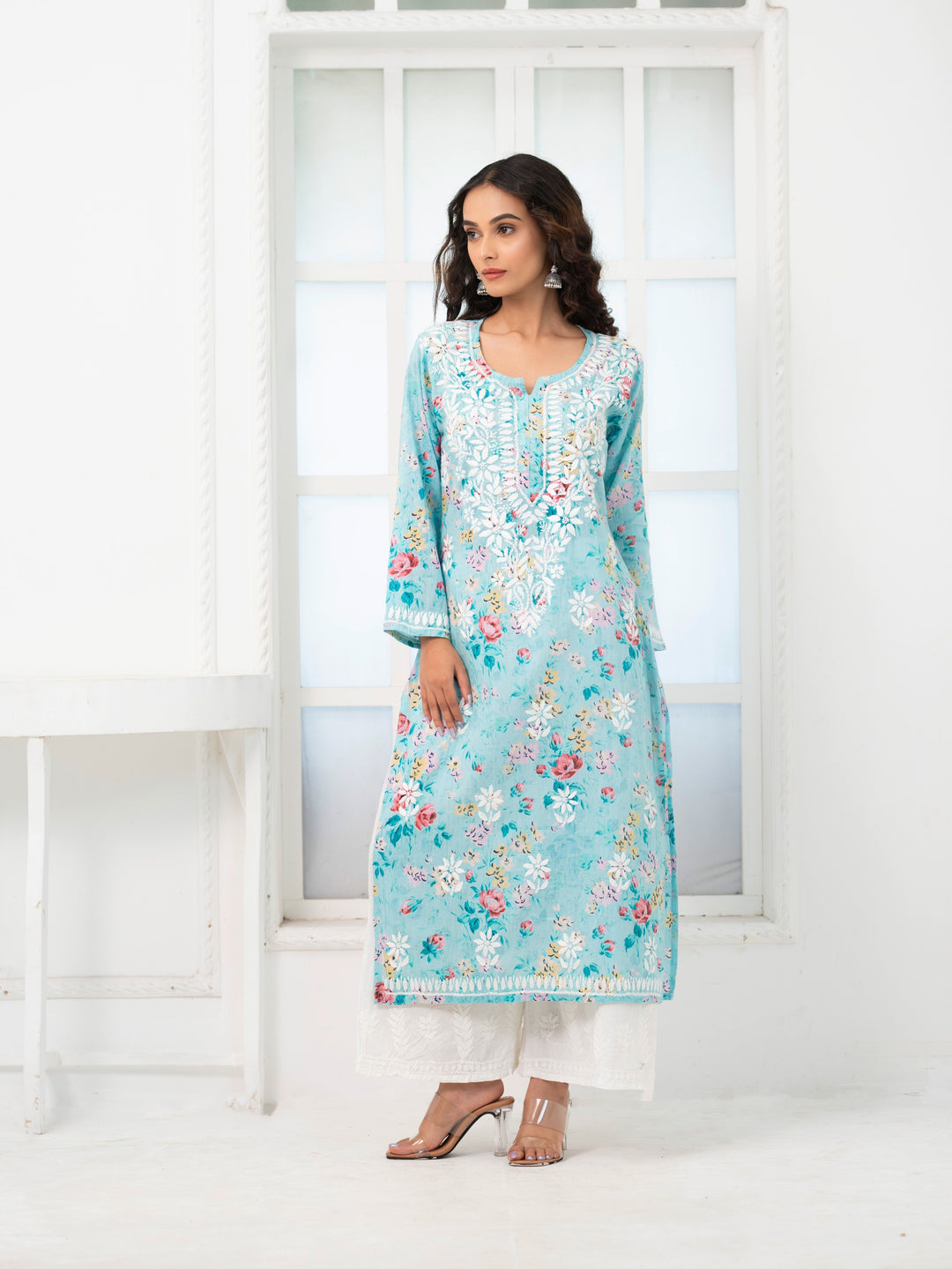 Mehek Sky Blue Mul Kurta Kaari Katha Mehek Sky Blue Mul Kurta Kaari Katha