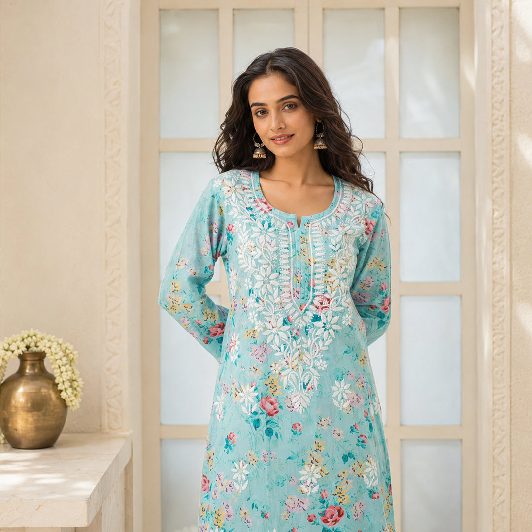 Mehek Sky Blue Mul Kurta