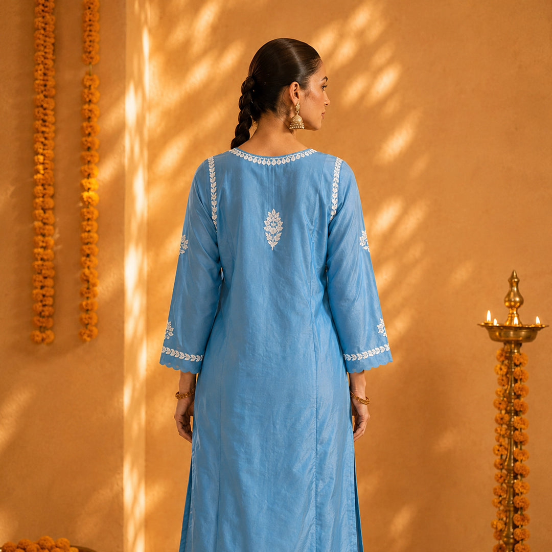 Mehr Sky Blue Chanderi Kurta