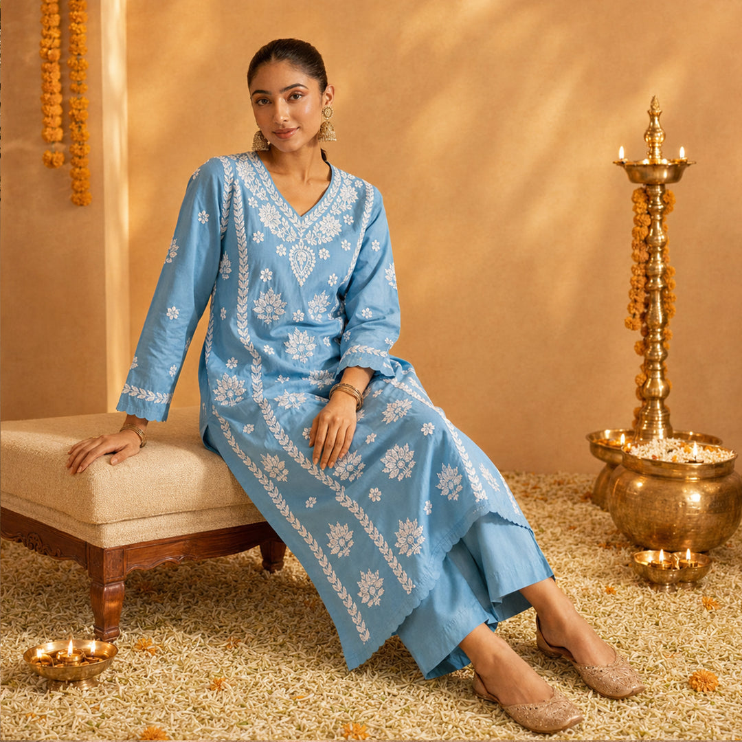Mehr Sky Blue Chanderi Kurta