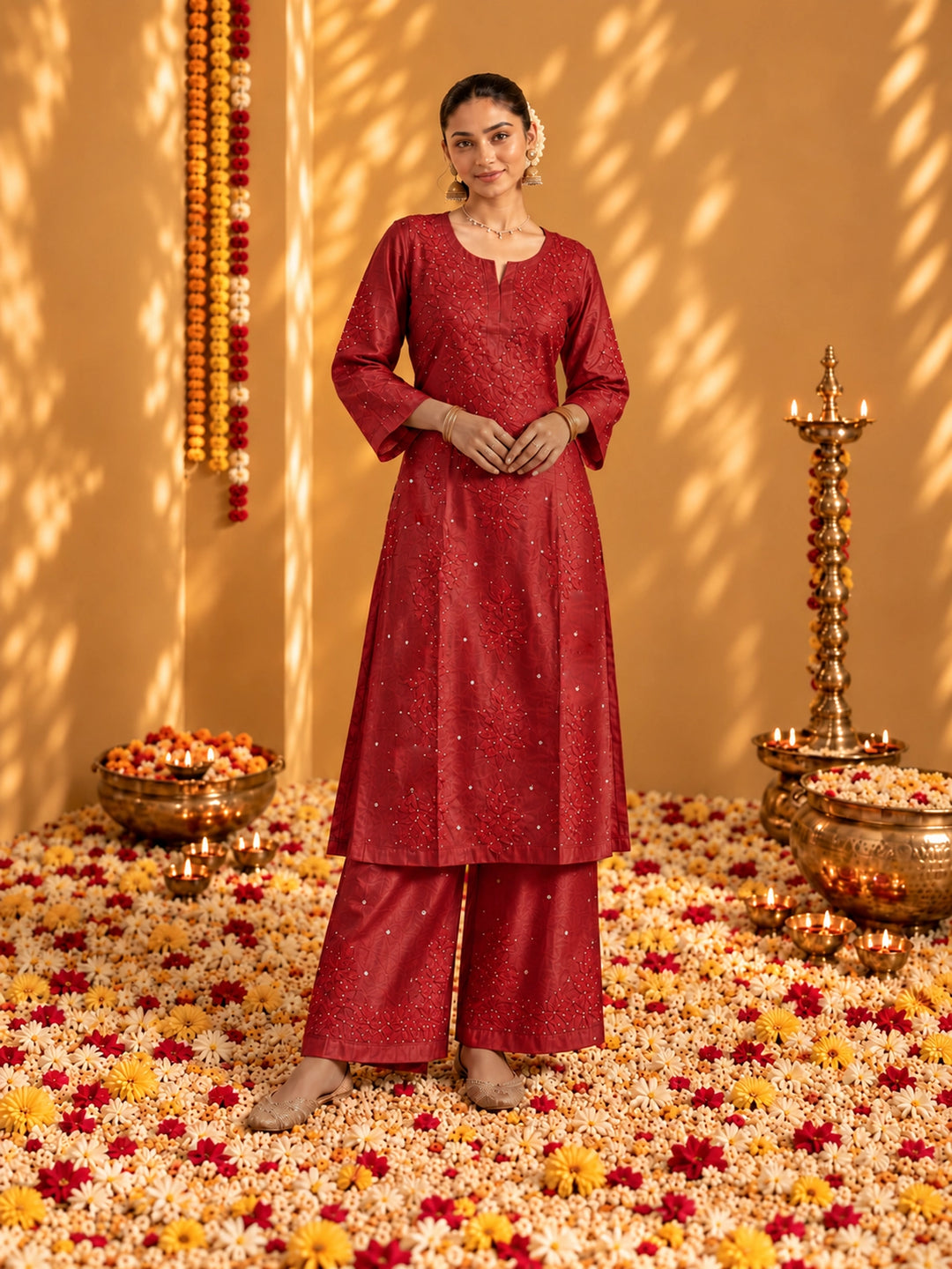 Zeenat Red Muslin Kurta Set
