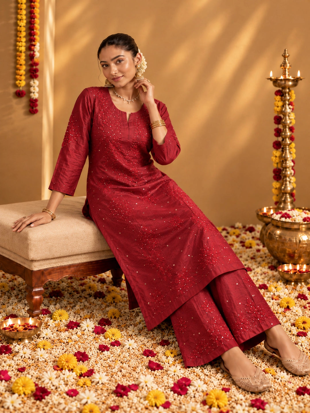 Zeenat Red Muslin Kurta Set