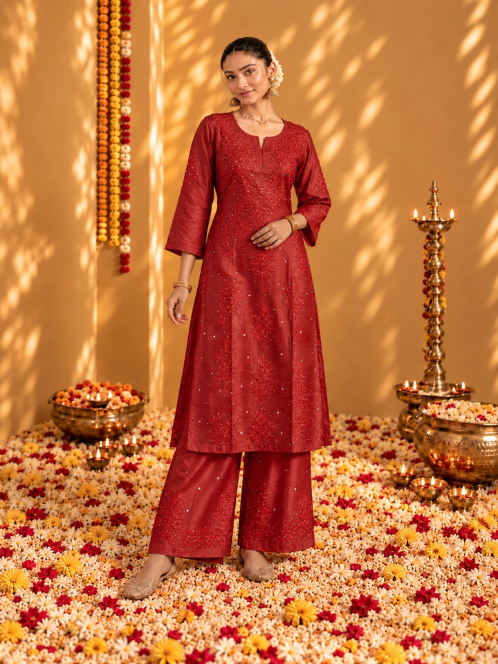 Zeenat Red Muslin Kurta Set