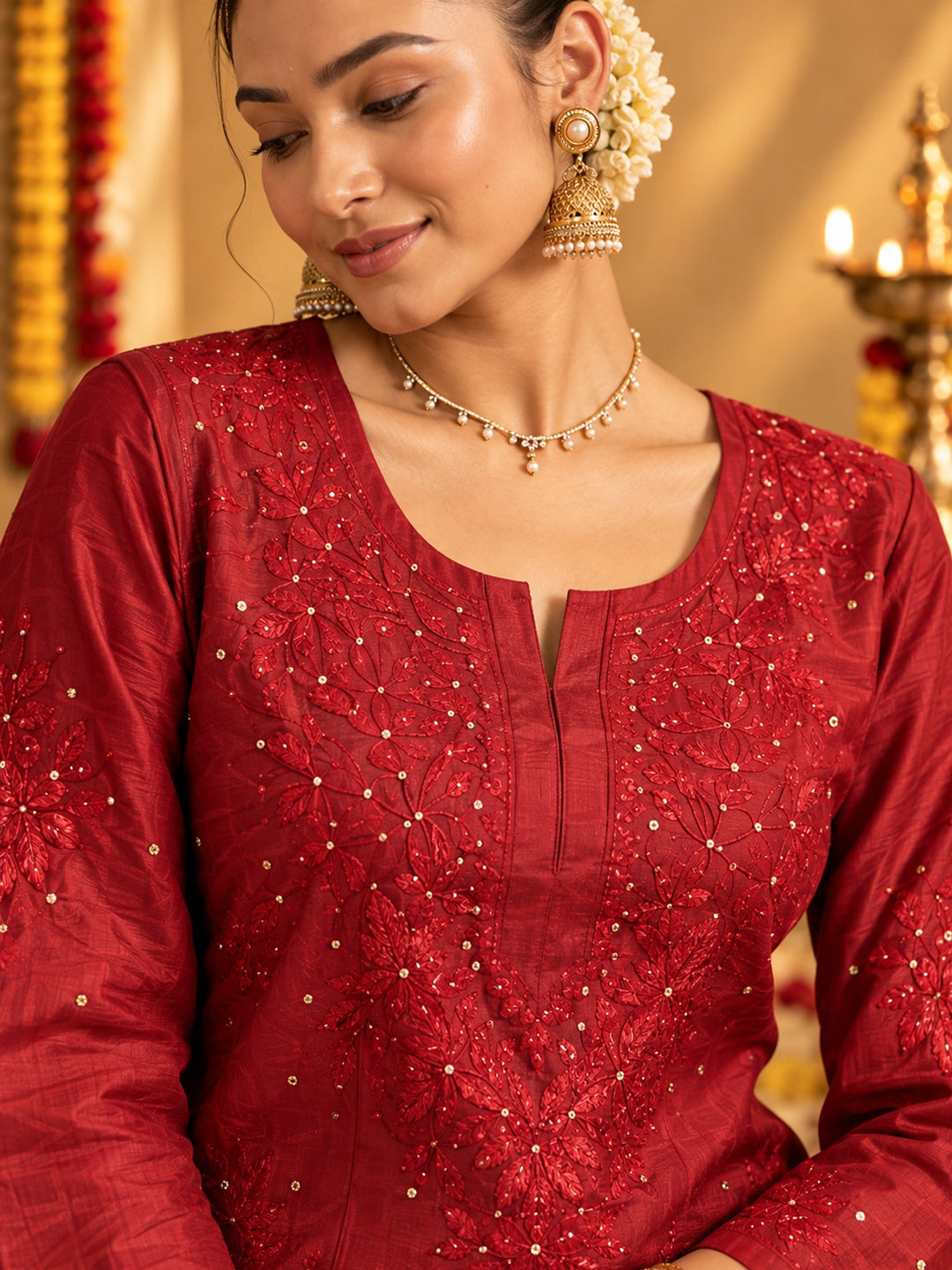 Zeenat Red Muslin Kurta Set